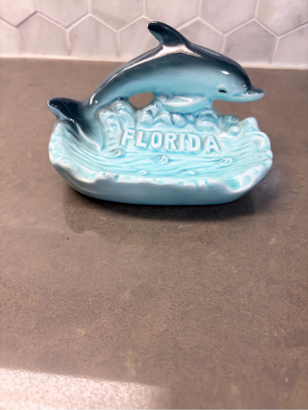 Vintage Blue Dolphin 'Florida' Ceramic Souvenir soap Dish Kitsch 80s